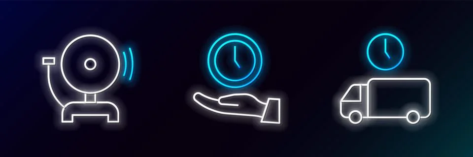 Set line Delivery time, Ringing alarm bell and Clock icon. Glowing neon. Vector Illustrazione stock