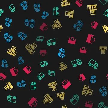 Set line Delivery tracking, cargo truck vehicle, Cardboard box with traffic and Illustrazione stock