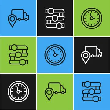 Set line Delivery tracking, Clock and Graph, chart, diagram icon. Vector Stock Illustration