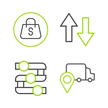 Set line Delivery tracking, Graph, chart, diagram, Arrow and Shopping bag w.. Illustrazione stock