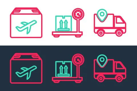 Set line Delivery tracking, Plane and cardboard box and Scale with icon. Vector Stockillustratie