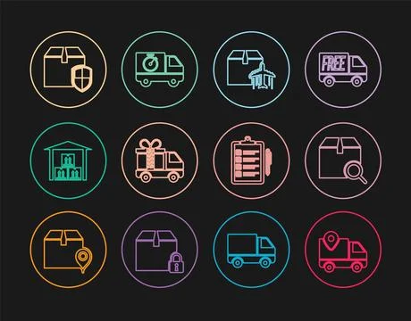 Set line Delivery tracking, Search package, Plane and cardboard box, truck with Stock Illustration