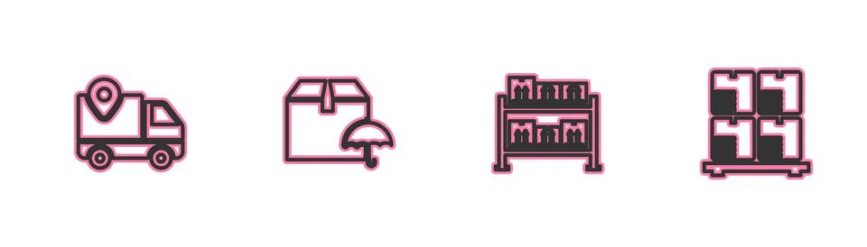 Set line Delivery tracking, Warehouse, package with umbrella and Cardboard boxes Stock Illustration