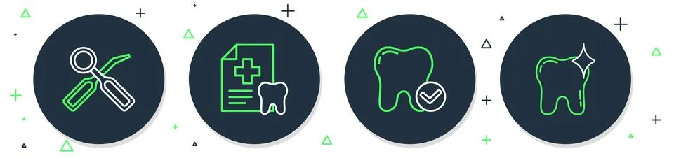 Set line Dental card, Tooth whitening concept, inspection mirror and  icon... Иллюстрация