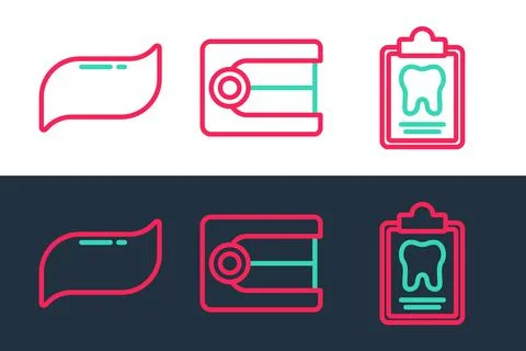 Set line Dental card, Toothpaste and Dentures model icon. Vector Stock Illustration