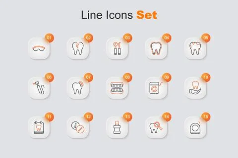Set line Dental floss, Broken tooth, Mouthwash, Toothache painkiller tablet.. 스톡 일러스트
