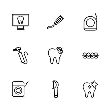 Set line Dental floss, Teeth with braces, Tooth whitening, Broken tooth, On.. Stockillustratie