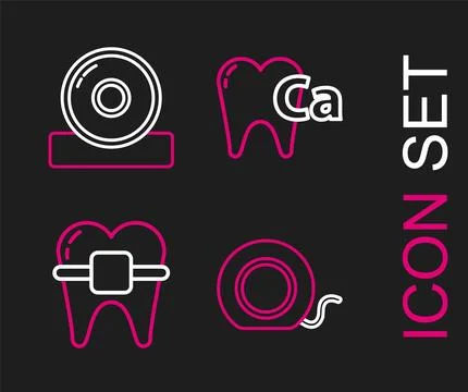 Set line Dental floss, Teeth with braces, Calcium for tooth and Otolaryngol.. 스톡 일러스트