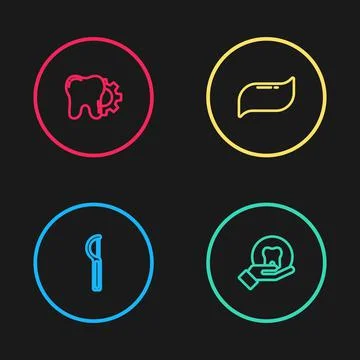 Set line Dental floss, Tooth, Toothpaste and treatment procedure icon. Vector Stock Illustration