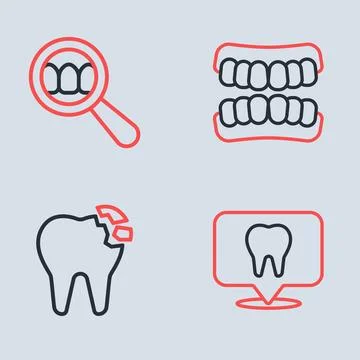 Set line Dentures model, Broken tooth, Dental clinic location and search ic.. Stock Illustration