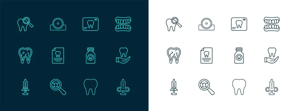 Set line Dentures model, Dental search, Toothache painkiller tablet, Clipbo.. Stock Illustration