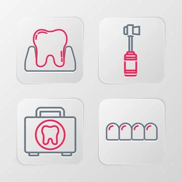 Set line Dentures model, First aid kit, Toothbrush and  icon. Vector Stock Illustration