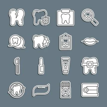 Set line Dentures model, Teeth with braces, Smiling lips, X-ray of tooth, Tooth Stock Illustration