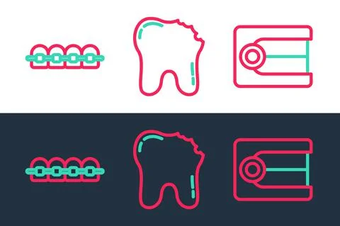 Set line Dentures model, Teeth with braces and Broken tooth icon. Vector Stock Illustration