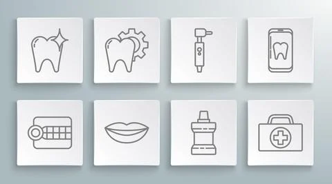 Set line Dentures model, Tooth treatment procedure, Smiling lips, Mouthwash Stock Illustration