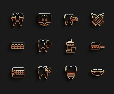 Set line Dentures model, Tooth, Teeth with braces, Dental implant, Smiling lips Stock Illustration