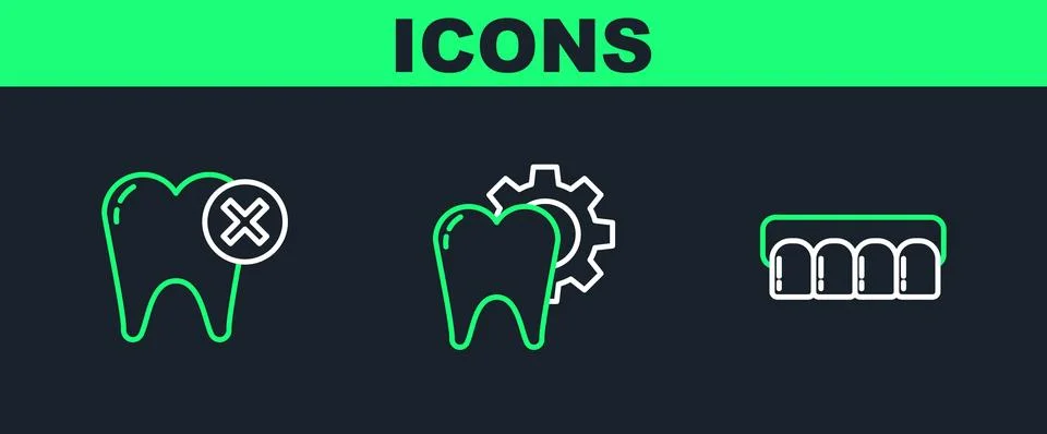 Set line Dentures model, Tooth with caries and treatment procedure icon. Vector Stock Illustration