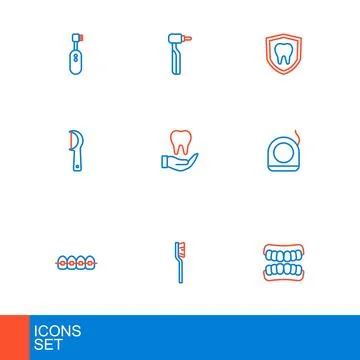 Set line Dentures model, Toothbrush, Teeth with braces, Dental floss, prote.. Illustrazione stock