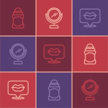 Set line Deodorant roll, Smiling lips and Round makeup mirror icon. Vector Stock Illustration