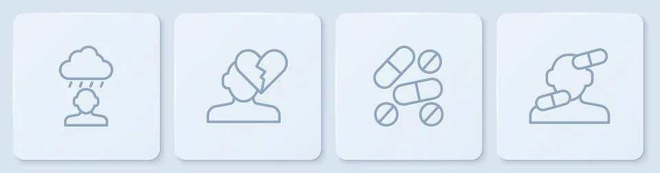 Set line Depression and frustration, Medicine pill or tablet, Broken heart .. Stock Illustration