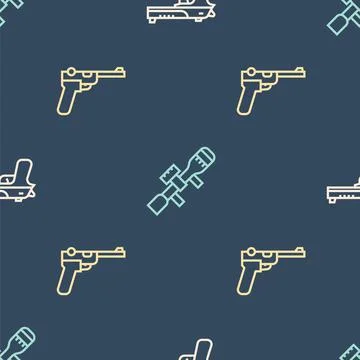 Set line Desert eagle gun, Mauser and Sniper optical sight on seamless pattern 스톡 일러스트