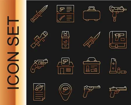 Set line Desert eagle gun, Gun magazine and bullets, Book with pistol or, W.. Stock-Illustration