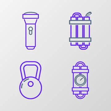 Set line Detonate dynamite bomb stick and timer clock, Kettlebell, and Stock Illustration