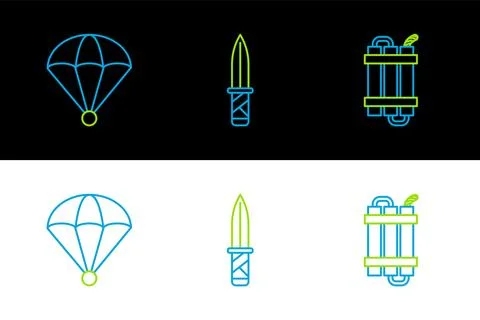 Set line Detonate dynamite bomb stick, Parachute and Military knife icon. V.. Illustrazione stock