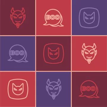 Set line Devil head, Black cat and Boo speech bubble icon. Vector Stock Illustration