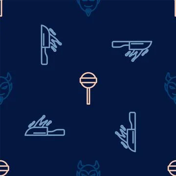 Set line Devil head, Bloody knife and Lollipop on seamless pattern. Vector Stock Illustration
