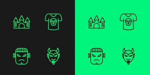 Set line Devil head, Frankenstein face, Castle and Shirt with skull icon. Vector Stock Illustration