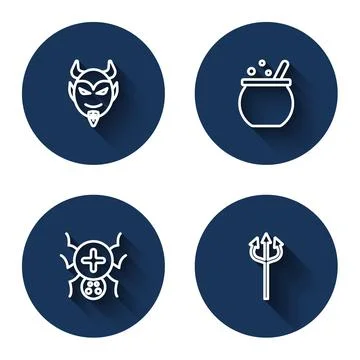 Set line Devil head, Halloween witch cauldron, Spider and Trident devil with Illustrazione stock