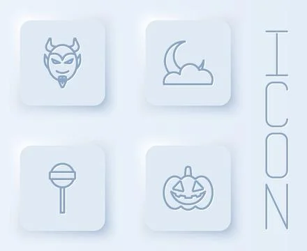 Set line Devil head, Moon and stars, Lollipop and Pumpkin. White square button Stock Illustration