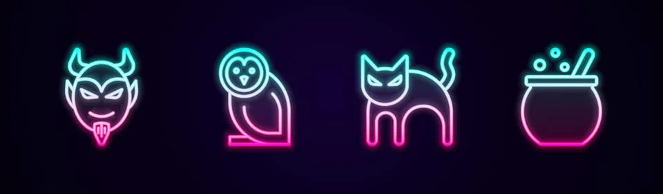 Set line Devil head, Owl bird, Black cat and Halloween witch cauldron. Glowing Stock Illustration