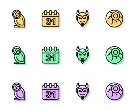 Set line Devil head, Owl bird, Halloween date 31 october and Eye icon. Vector Stock Illustration