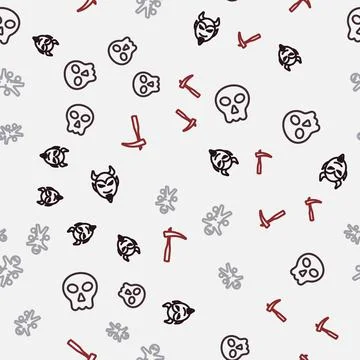 Set line Devil head, Skull, Voodoo doll and Scythe on seamless pattern. Vector 스톡 일러스트
