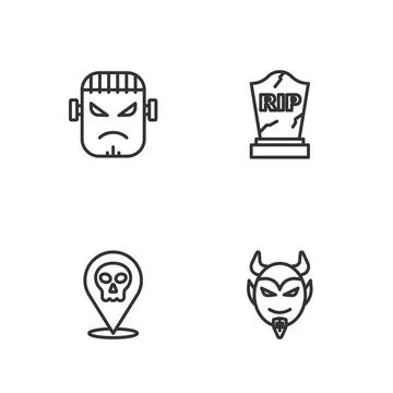 Set line Devil head, Skull, Frankenstein face and Tombstone with RIP written Illustrazione stock