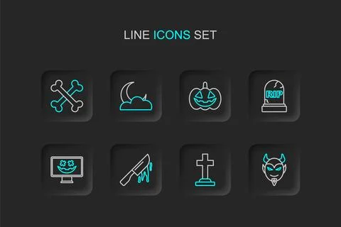 Set line Devil head, Tombstone with cross, Bloody knife, Happy Halloween ho.. Stock Illustration