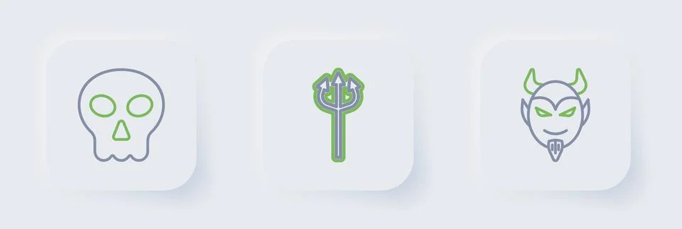 Set line Devil head, Trident devil and Skull icon. Vector 스톡 일러스트