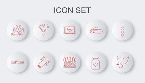 Set line Devil heart with horns, Silicone ball gag, Laptop 18 plus content 스톡 일러스트