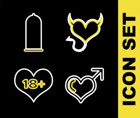Set line Devil heart with horns, Male gender and, 18 plus content and Condom Stock Illustration