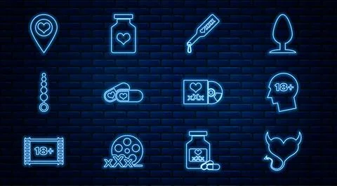 Set line Devil heart with horns, Head 18 plus, Spanking paddle, Pills for Stock Illustration
