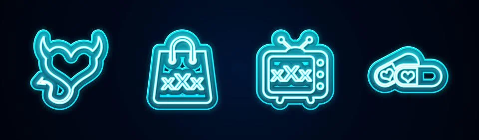 Set line Devil heart with horns, Shopping bag triple X, Sex tv old television イラスト素材