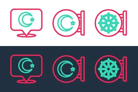 Set line Dharma wheel, Star and crescent and icon. Vector Stock Illustration