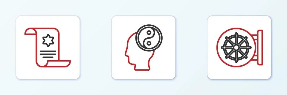 Set line Dharma wheel, Torah scroll and Yin Yang icon. Vector Stock Illustration