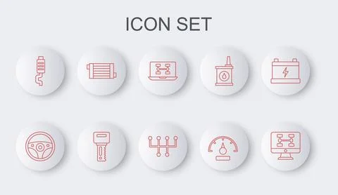 Set line Diagnostics condition of car, Steering wheel, Speedometer, Car muffler Stock Illustration