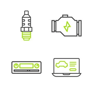 Set line Diagnostics condition of car Car Audio Check engine and spark plug i Illustrazione stock