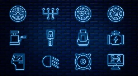 Set line Diagnostics condition of car, Check engine, Car wheel, key with re.. Illustrazione stock
