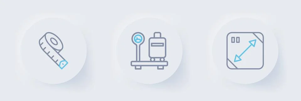 Set line Diagonal measuring, Scale with suitcase and Measuring tape icon. V.. Illustrazione stock