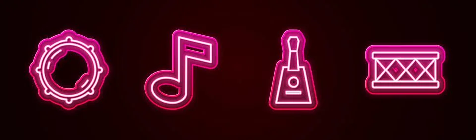 Set line Dial knob level, Music note, tone, Balalaika and Drum. Glowing neon Stock Illustration